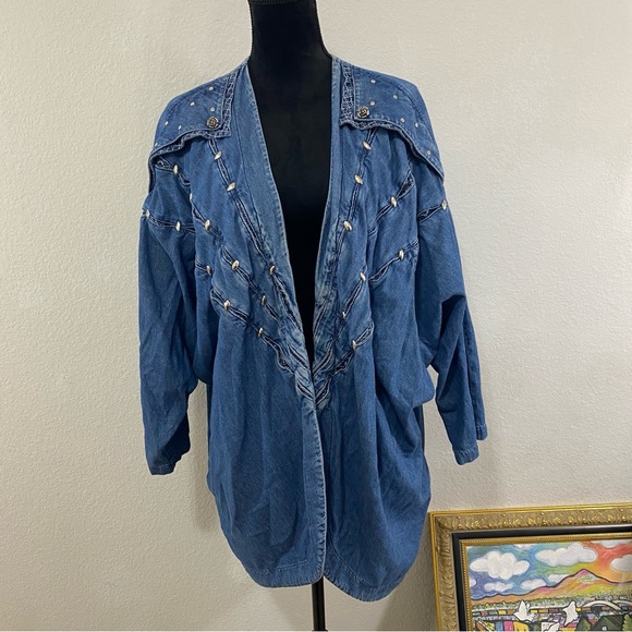 LA Dawn California Jackets & Blazers - Vintage 80s LA Dawn Cali Open Front Embroidered Denim Jacket, Silver Details